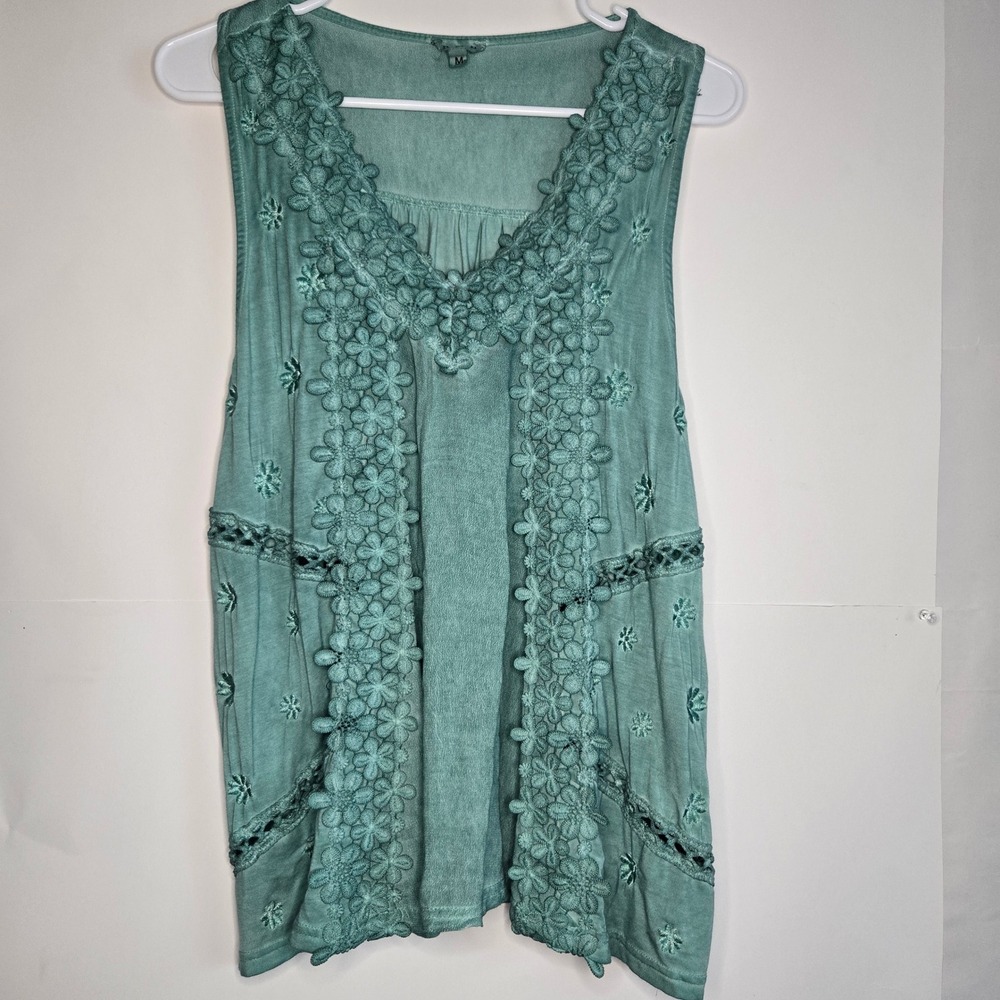 POL Womens Sage Green Floral Crochet Lace Embroidered V-Neck Tank Top TKT356 M